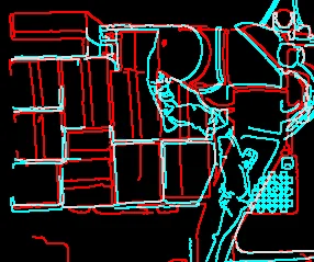 Edge overlay after correction: the two cameras' edges coincide