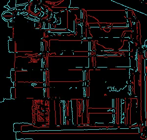 Edge overlay before correction: the two cameras' edges are separated red and cyan