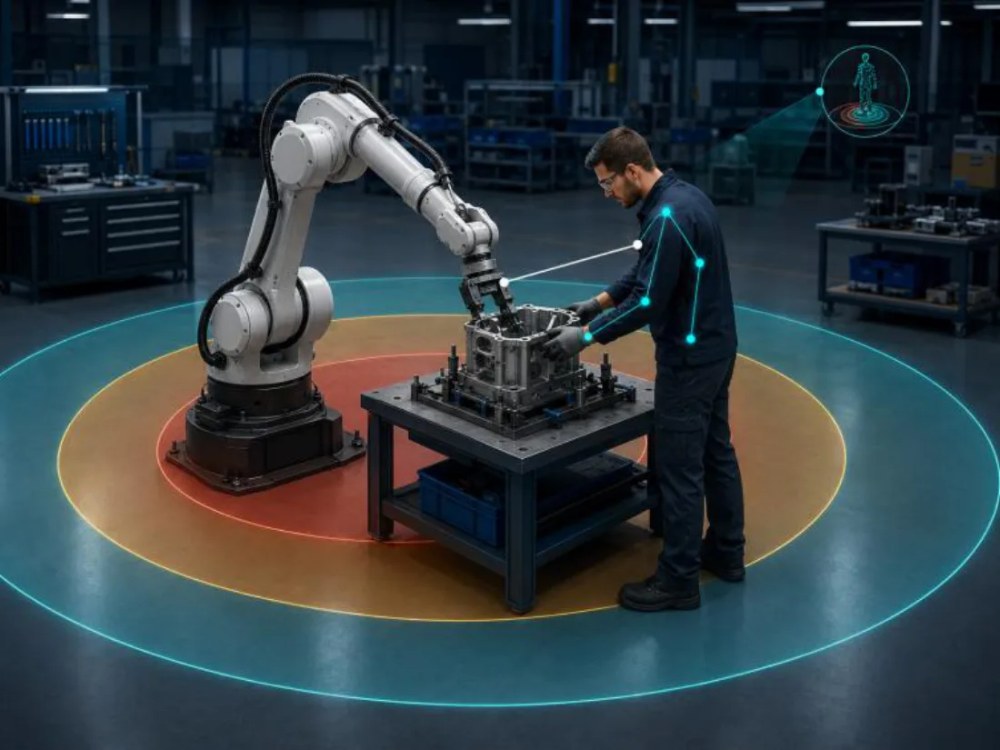 A worker and robot sharing a workspace, surrounded by concentric safety zones colour-coded stop, slow-down and monitor, with the worker's skeleton tracked