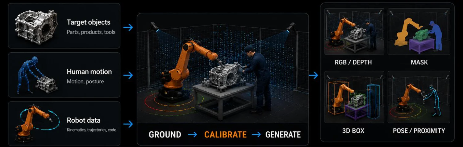 System diagram: interchangeable inputs feed a ground-calibrate-generate core, which outputs RGB/depth, masks, 3D boxes and pose/proximity ground truth