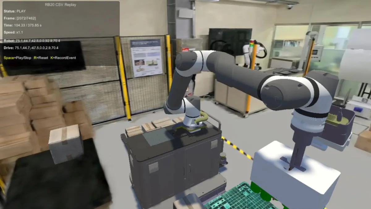 Digital twin of a palletizing cell in Unity, replaying a recorded RB20 robot trajectory